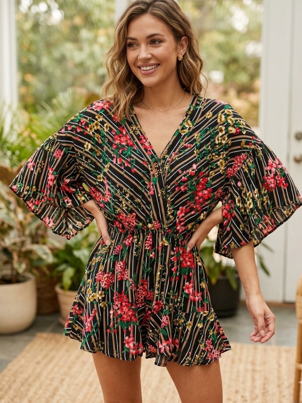 Umgee Black Floral Striped V-Neck Romper with Pink & Green Accents NWT Size Smal